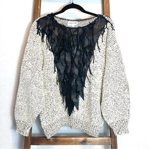 Vintage 80s Lorna Adams Leather Fringe Detail Chunky Knit Sweater Size Large